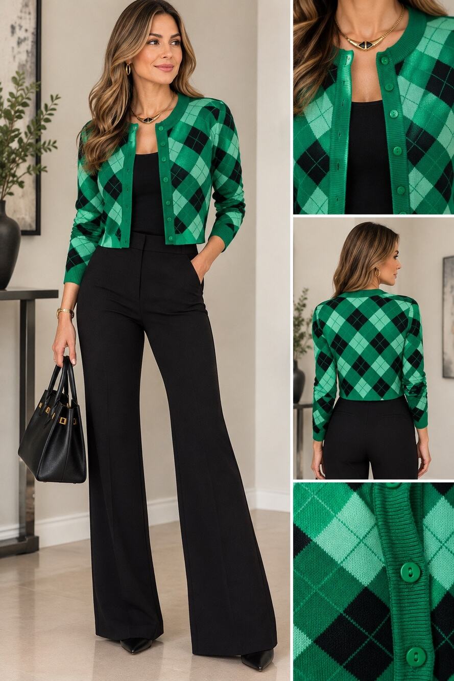 ZARA Size M Knit Argyle Cropped Cardigan Green Black Button Front Preppy